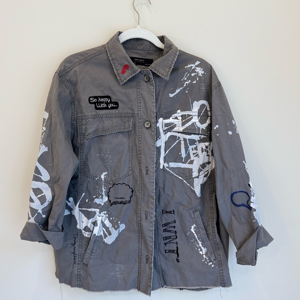 Zara Basic Graffiti Utility Jacket Custom Streetw… - image 1